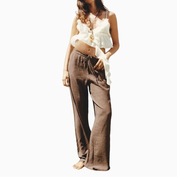 Zara Flowy Pants SzXS/S Textured Weave Chocolate Brown Boho Beach Hippie Coastal - Picture 1 of 8
